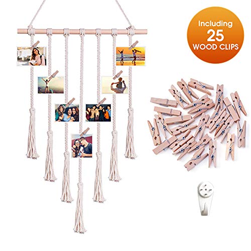 Ssmling Bohemian Photo Display Wall Hanging, Macrame Picture Hanger Organizer for Home Decorative, Boho Picture Frames Collage Decor with 25 Wood Clips Textile Family Art Decor Gift
