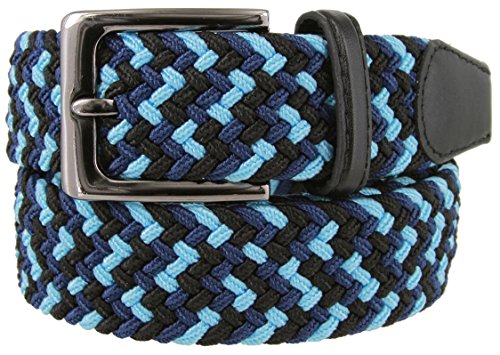 Braided Elastic Fabric Woven Stretch Belt Leather Inlay (BLK/BLU/NVY, Large)