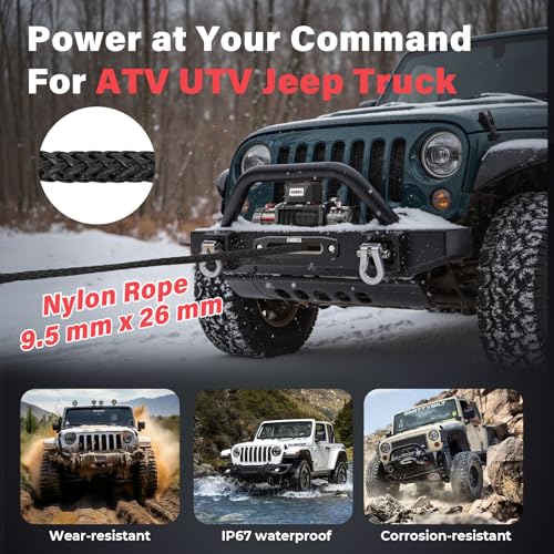 Anbull Electric Winch 12 V 13500 LBS/6150 kg, Synthetic Rope 9.5 mm x 26 m, IP67, 6.6 HP, Compatible with 4X4, Quad, Crosser, 4X4 Off-Road Jeep, Toy, Boat Trailer