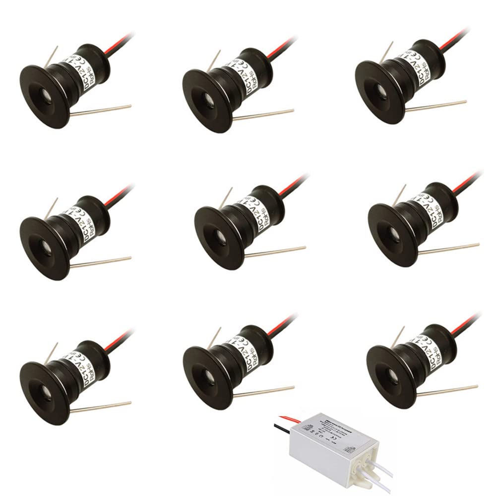 ruimeimei 9PCS 12V 1W Recessed Celling Light for Kitchen, Stairs, Closet, Hallway,Artwork Mini Light,DIY Lighting, Embedded Showcase Light, Cabinet Downlight IP65(Black Shell, 120D White)