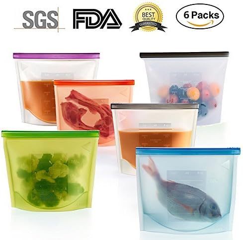 6 Packs Silicone Food Storage Bags - Reusable and Sealable, Leakproof Foodsaver Bags for Heating, Freezing, Microwaving and as Snack Bags by FreshEco