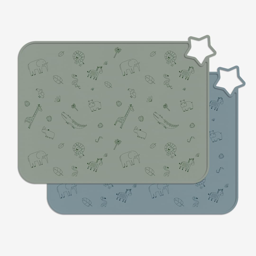Minifolk Silicone Kids Star Table Mat | Educational Design | Baby Toddler Placemat | Non Slip Mat | Mess free | Dishwasher Safe Heat Safe (2, Thyme and Blue Mat Set Animal Print)