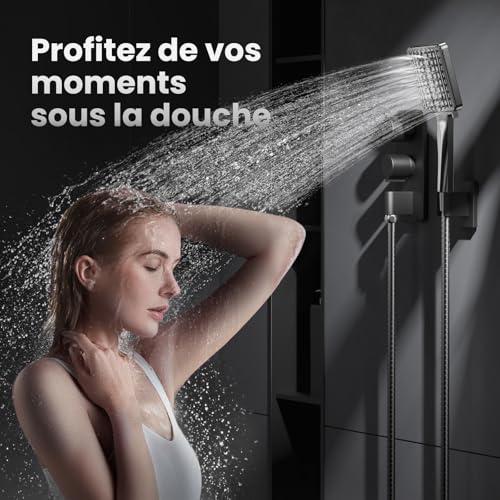 VOXON High Pressure Shower Head with 6 Modes, Square Water Saving Shower Head with One Hand Adjustment Knob and Silicone Anti-Clogging Nozzle, Chrome Plated Large Shower Head