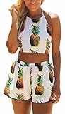 Handu Women's Summer Sleeveless Pineapple Printing Backless 2 piece Shorts Jumpsuits