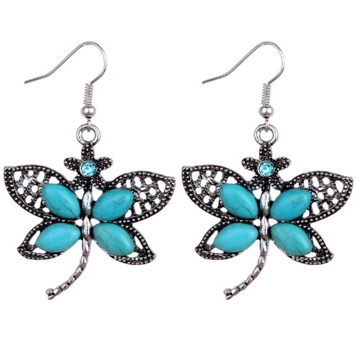 YAZILINDCute Dragonfly Tibetan Silver-plated Turquoise Drop Dangle Earrings