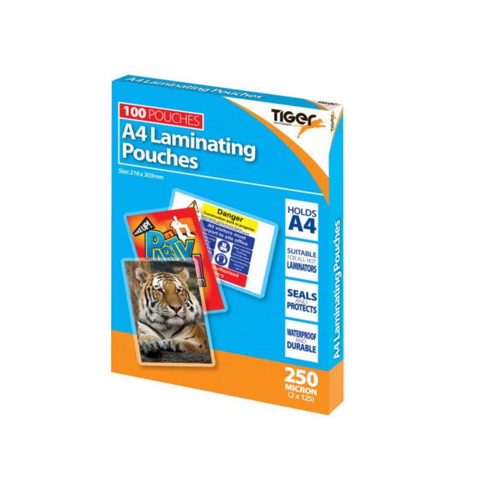 Tiger A4 laminating pouches 250 microns pack of 100