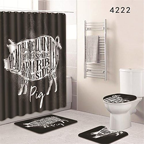 Oyeahbridal Set of 4 Animal Art Printing Theme Shower Curtain and Bath Mat Set,White Pig Decor Waterproof Non-slip Bathroom Curtain and Rug Set with Hooks(Multi 19)