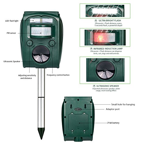 Ultrasonic Pest Repeller, Wikoo Solar Powered Waterproof Outdoor Animal Repeller with Ultrasonic sound and Flashing Light, Activated by motion - Very Effective for Cats, Dogs, Squirrels, Moles, Rats