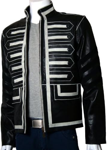 Xport Design's Men's Military Style Black Biker Leather Jacket With White Suede Strips, XX-Large