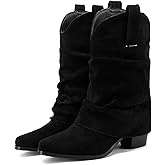 Alsoloveu Women's Fold Over Boots Mid Calf Slouchy Boots Pointed Toe Chunky Heel Western Cowboy Boot Pull On Stacked Cowgirl Booties