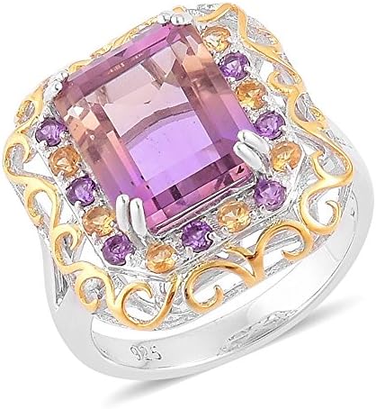 925 Sterling Silver 14K Yellow Gold Plated 6.2 Cttw Octagon Ametrine, Multi Gemstone Gift Ring Size 6