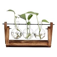Dulcii Desktop Glass Planter Bulb Vase with Retro Solid Wooden Stand and Metal Swivel Holder for Hydroponics Plants Decor for Home Office Garden Wedding, 3 Bulb Vase