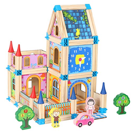 Wondertoys 128 Pieces Wooden Dollhouse Accessories with 2 People DIY Architecture Model Set Pretend Play Educational Toys for 3 Years Old Boys and Girls - Thumbnail 7