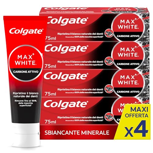 Dentifricio Sbiancante Max White Carbon 4 Confezioni da 75 ml I Dentifricio Minerale Delicato Al Carbone Attivo Per Denti Bianchil I Sbiancantemento denti I Bianco naturale
