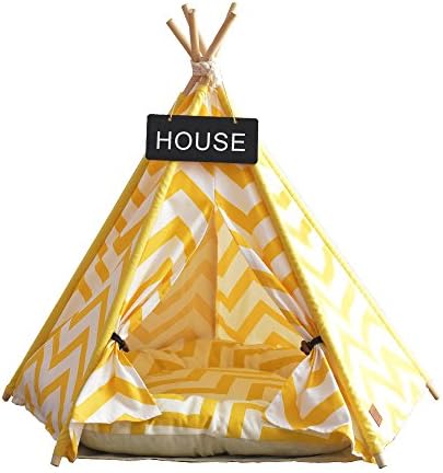 Generate Yellow Stripe Style Pet Teepee Dog(Puppy)&amp; Cat Bed Portable Pet Tents &amp; Houses (with cushion)-28Inch