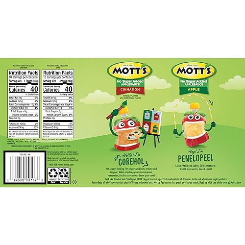 MOTT’S NO SUGAR ADDED APPLESAUCE VARIETY PACK, CINNAMON AND APPLE, MADE FROM REAL FRUIT, NO ARTIFICIAL FLAVORS, 3.2 OZ CLEAR POUCHES, 20 PACK