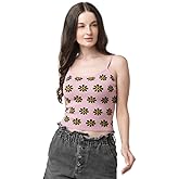 Novelle Fashion Womens Sleeveless Tank Top in Pink Color Medium Size | Fall Tops for Women with Green Flower Pattern | Front Scoop Neck Tank for Casual Wear, Travel, Brunch & More