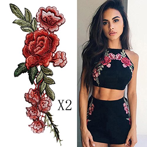 Hot Sale! AMA(TM) 2PCS DIY Embroidered Roses Floral Collar Iron On Applique Sew Patch Sticker Badge Garment Decoration Craft (A-Red)