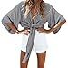 ZJP Women Striped Deep V Neck Half Sleeve Front Tie Kimono Cover Up Loose Shirt, Black/White, Large