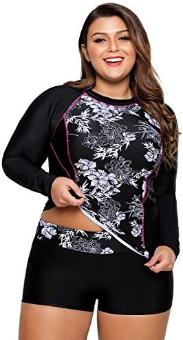 TEZUKAFUJI Womens Plus Size 2pcs High Neck Rashguard Surfing Diving Swimwear Set Black 3XL