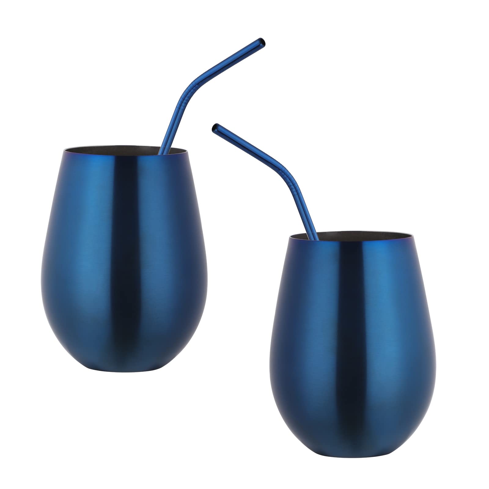 Buyer Star Stainless Steel Wine Glasses - Set of 2 Large & Elegant Stemless Goblets (17.6 oz) with Straw - Unbreakable, Shatterproof Metal Drinking Tumblers (Blue)