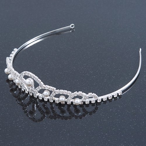 Princess Bridal/ Wedding/ Prom Rhodium Plated Austrian Crystal White Simulated Glass Pearl Tiara