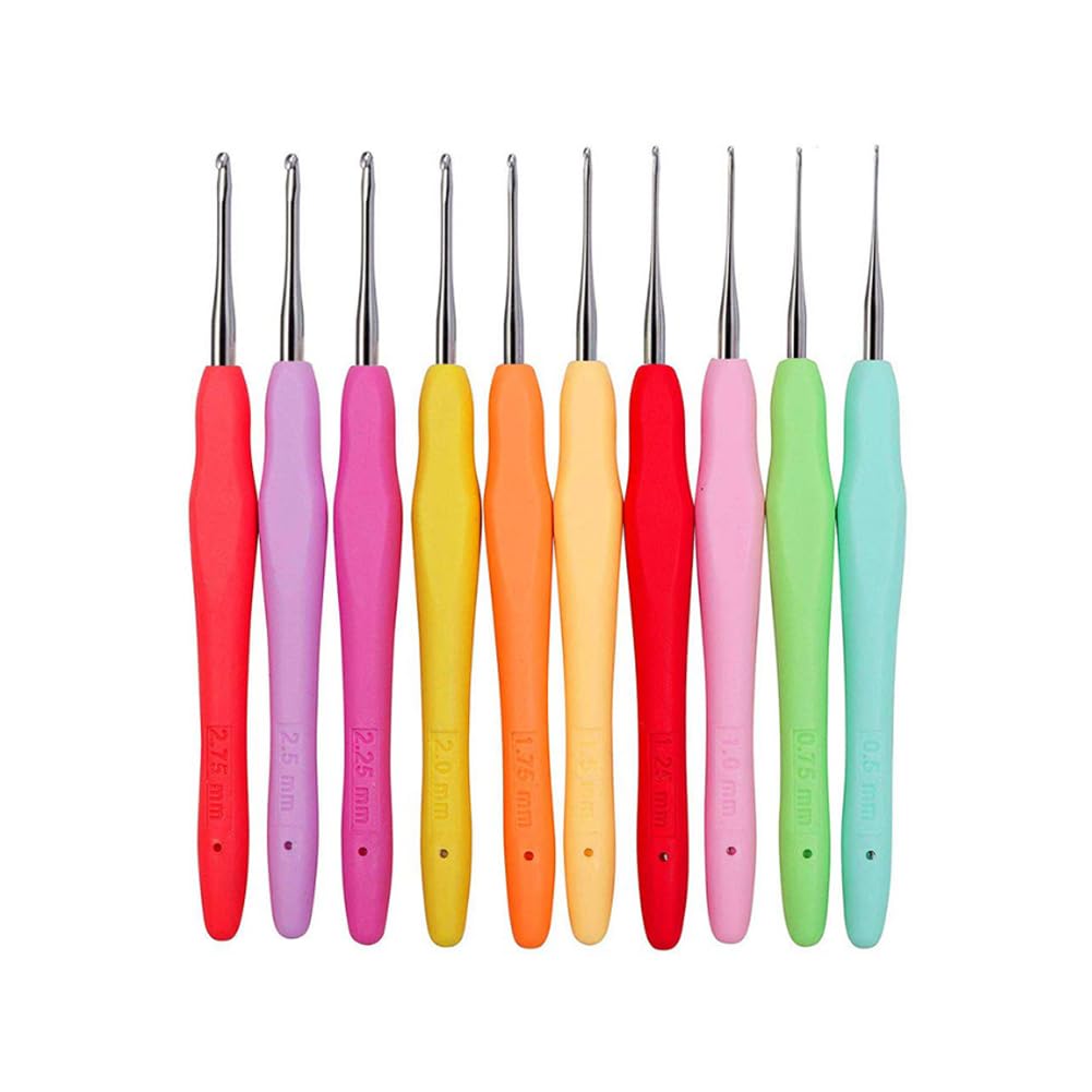 ericotry Set of 10 Small Size Crochet Hook Set 0.5mm-2.75mm Ergonomic Soft Handle Crochet Hooks Needles with Soft Grip Handle for DIY Craft Project