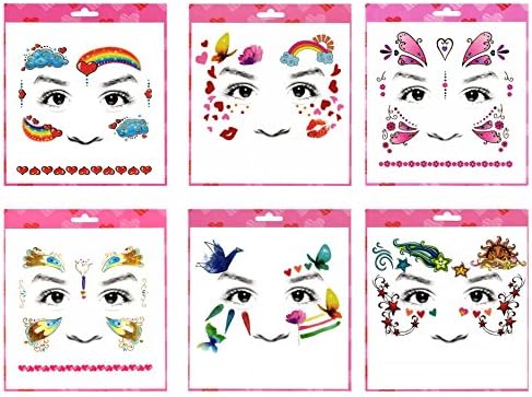 BHCEY GGSELL GGSELL Tattoo 6pcs mixes Kids Cartoon face Temporary Tattoos in one Packages,Including Rainbow,Cloud,Butterflies,Hearts,Kisses,Star face Tattoos