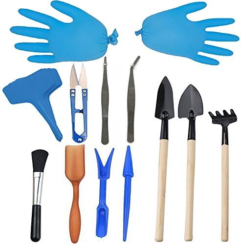 OSOF 16Pcs Gardening Plant Care Kit Set, Succulent Garden Hand Tools Miniature Fairy Small Garden Planting Transplanting Tool Set - Shovel, Rake, Spade, Tweezers, Transplanting Tool, Lables, Gloves &amp;M