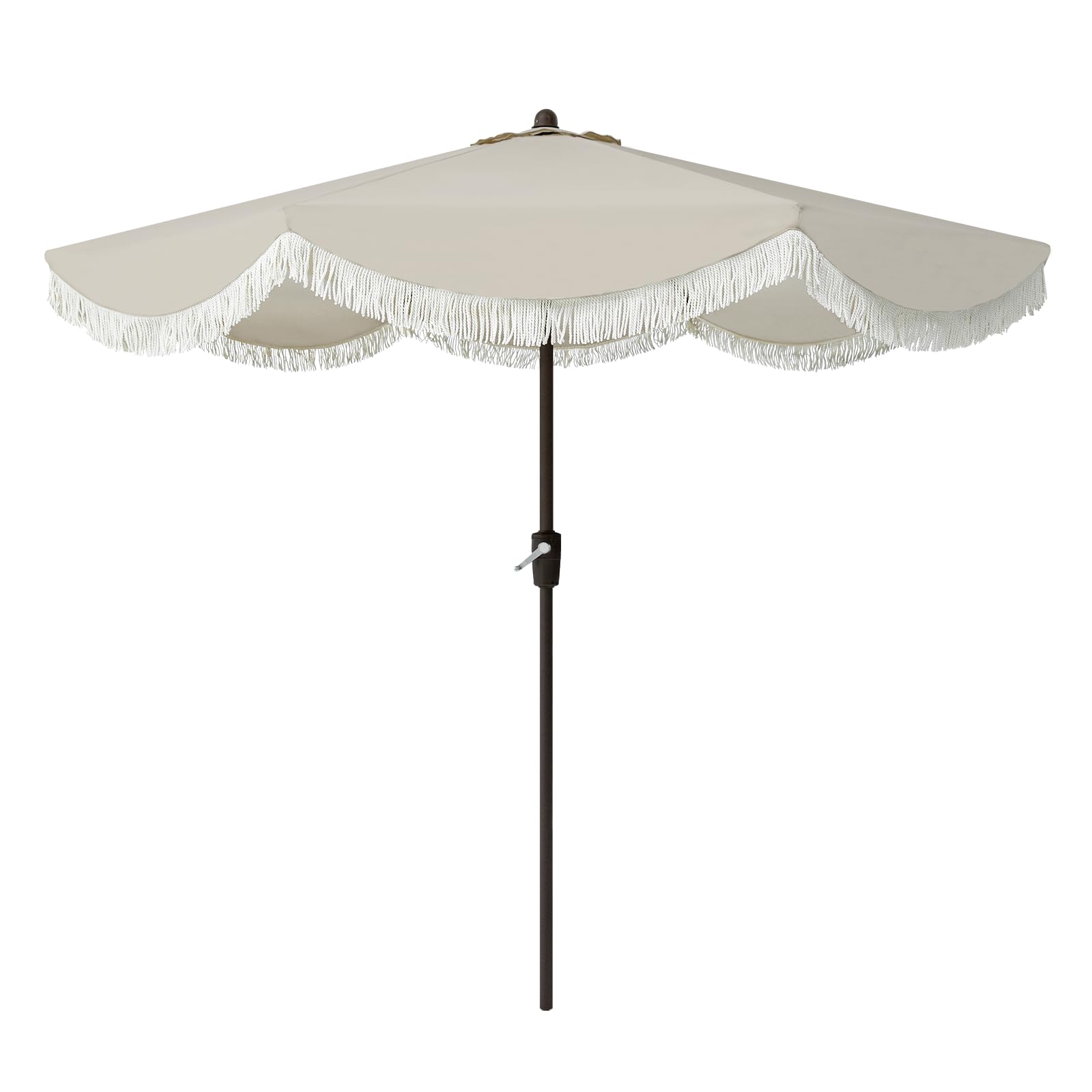 Photo 1 of Tempera 9ft Auto Tilt Scalloped Patio Umbrellas with Fringe, Outdoor Table Umbrellas with Fade Resistant Canopy, 8 Sturdy Rids, Luxurious Vintage Umbrellas for Lawn, Pool, Deck, Balcony