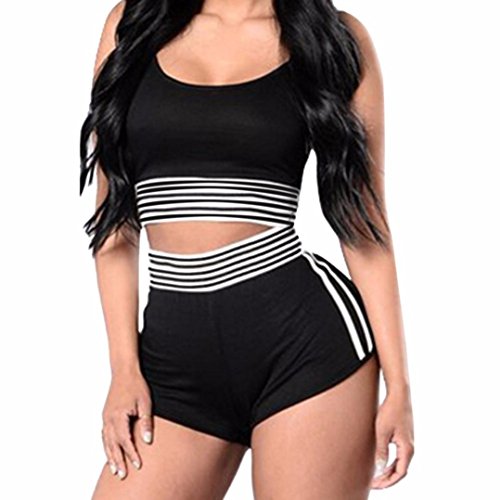 Women Sports Set,Jushye Sexy Women's Striped Sport Active Tank Top Shorts 2 Piece Tracksuit (M, Black)