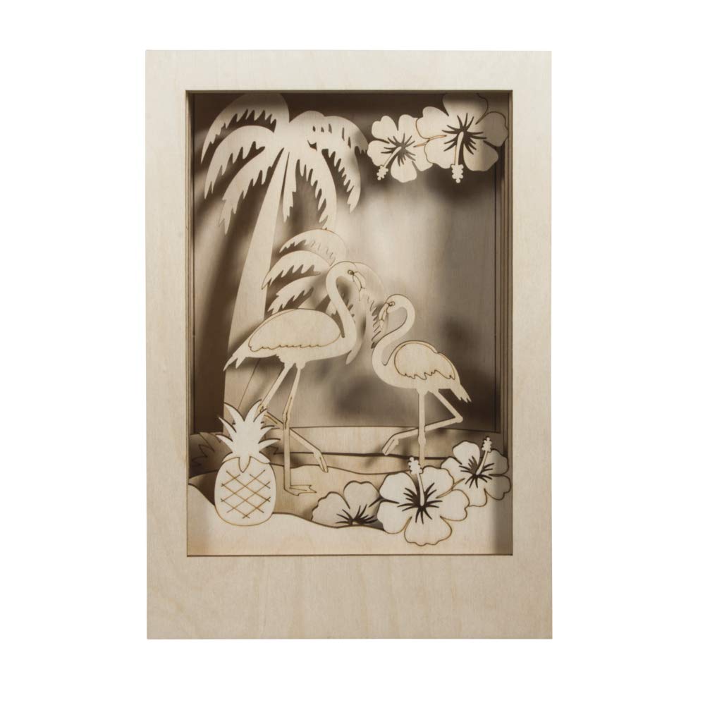 Rayher Shadow Box Building Kit with Flamingo Design, 3D Scenery, DIY Wood Craft Set, 10 slot-together Pieces, FSC certified product, 20x30x6.7cm, 62850505