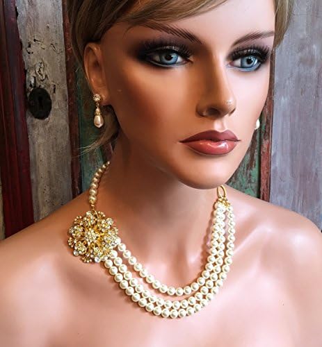 Pearl Backdrop Necklace with Gold Brooch in 3 multi strands Swarovski pearls. White, Ivory or your choice of color. Wedding jewelry Sets by Alexi Blackwell Bridal