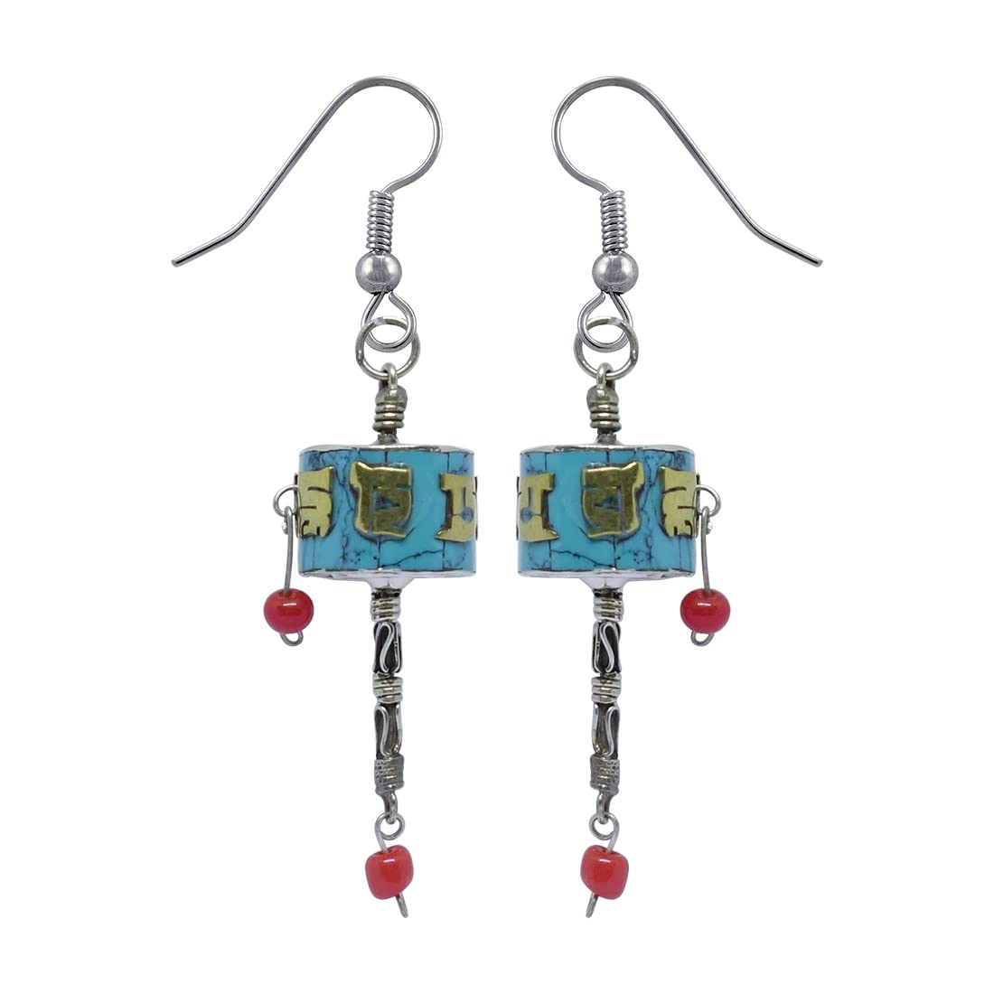 Tibetan Prayer Wheel Compressed Turquoise Gemstone Chip Inlay Dangle Drop Earrings For Women 925 Silver Plated Boho Ethnic Tribal Gypsy Fashion Earrings