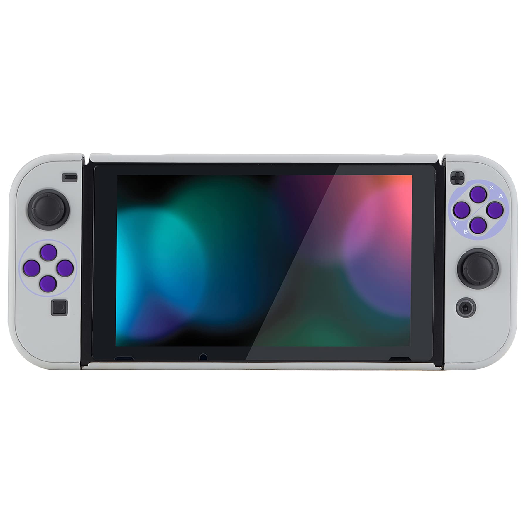 eXtremeRate PlayVital Back Cover for Nintendo Switch Console, NS Joycon Handheld Controller Protector Hard Shell, Dockable Protective Case with Purple ABXY Direction Button Caps - Classics SNES Style
