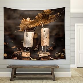 Concept Two Men Carry Leaves, Wine Cork Figures - Fabric Wall Tapestry Home Decor - 51x60 inches