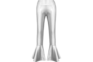 JanJean Kids Girls High Waist Shiny Metallic Flare Pants Stretchy Ruffle Hem Bell-Bottom Pants for Jazz Modern Dance wear