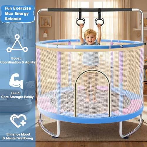 60” Toddler Trampoline with Swing & Gymnastics Bar, Indoor Outdoor Kids Trampoline with Safety Enclosure Net, Gifts for Boys & Girls Age 2-14