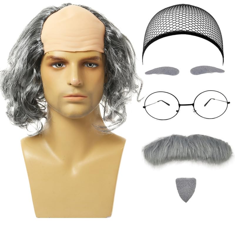 UILYNIU 7 Pcs Bald Wig Set - Men's Fancy Dress Wig with Fake Beard Eyebrows, Glasses & Cap - Grandpa Costume Accessories for Party, Night Show, Cosplay, Halloween (Grey-Curly)