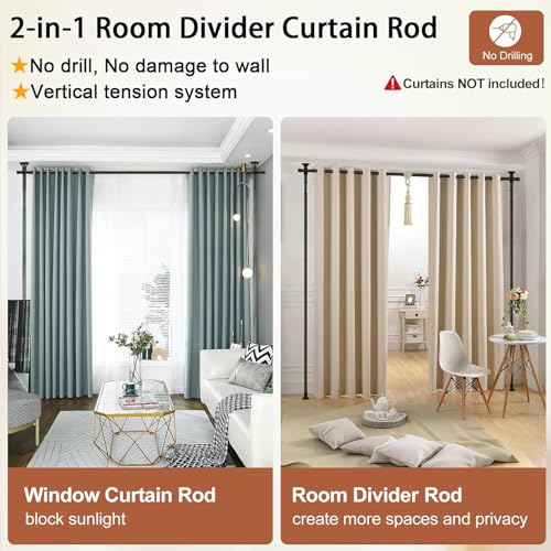 Black Room Divider Curtain Rod, Floor to Wall Ceiling Tension Separator Privacy Space Partition Rods, Heavy Duty No Drilling Room Separation Rods, Adjustable 120-300Cm(H), 70-175Cm(W)