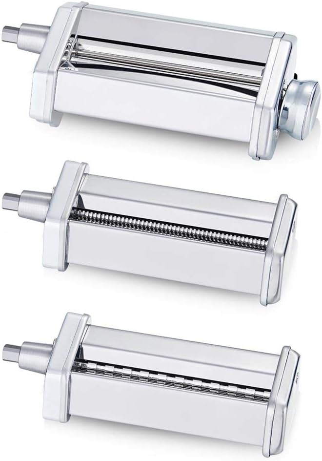 3 Piece Pasta Roller Cutter Attachment Set Compatible with KitchenAid Stand Mixers, Included Pasta Sheet Roller, Spaghetti Cutter, Fettuccine Cutter Maker Accessories and Cleaning Brush