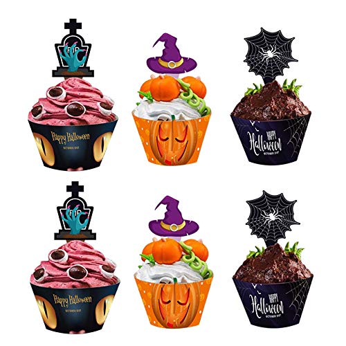 Halloween Cupcake Toppers Wrappers, Spider Witch's Hat Zombie Hand for Halloween Party Cupcake Decorations,48pcs.