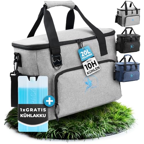Obics® Kühltasche 20L faltbar - Einkaufstasche & Lunch-Tasche klein grau ohne Strom mit Kühl-Akku - Gefriertasche & Kühlbox Picknick-Tasche isoliert - Essenstas