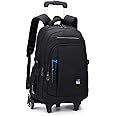 VIDOSCLA Black Kids Boys Rolling Backpack Teens Carry-on Luggage with Wheels Trolly BookBag for School-6 Wheels