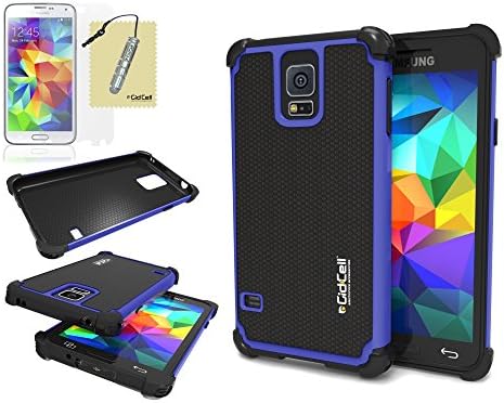 Galaxy S5 Case, Cover - Double Armor Two Layer Hybrid With Soft Silicone Rubber Inside And Detachable Hard Polycarbonate (PC) Plastic Outside Shell, Shockproof, Heavy Duty, Low Profile, Attractive Appearance, by GidCell - [Includes: 1 Case, 1 Screen Protector, 1 Stylus Pen, 1 Cleaning Cloth] – [Blue]