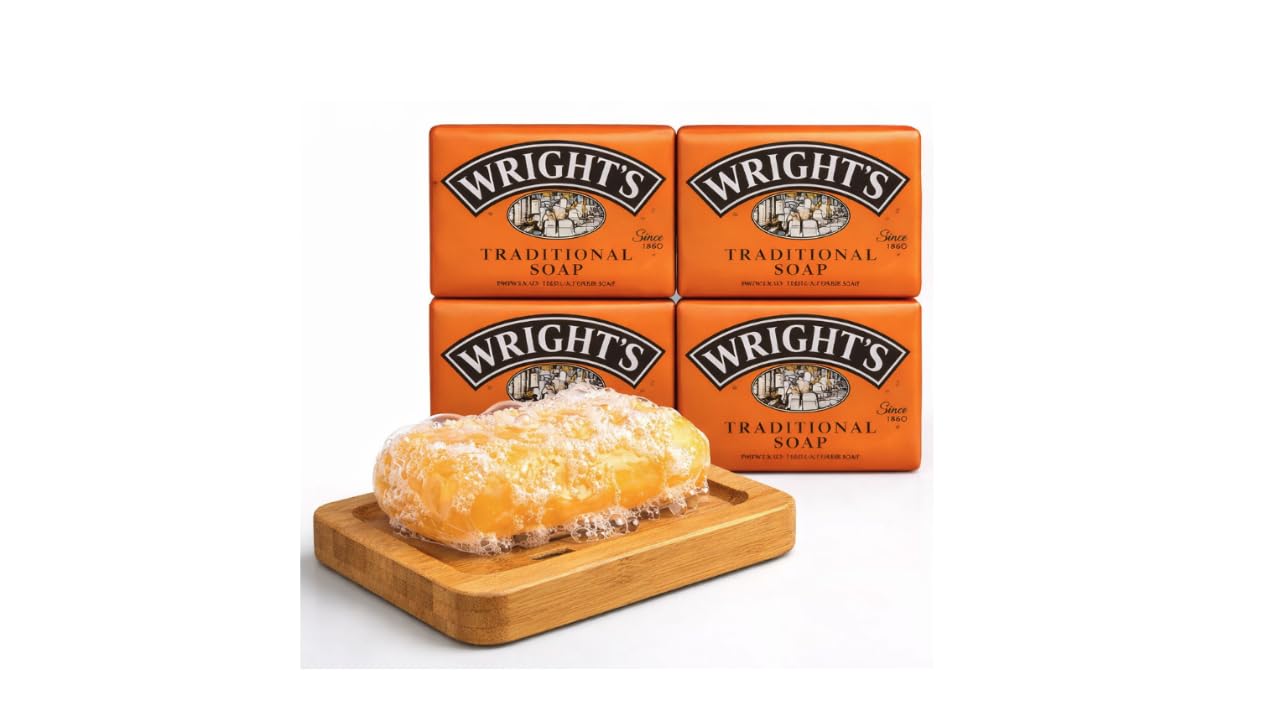 Wright's Coal Tar Traditional Soap -Pack of 4 with Sanitral Natural Wooden Bamboo Soap Dish Storage Holder-Cleaning Set