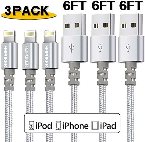 iPhone Charger, FEIPUKER (6FT) Nylon Braided Charging Cable Cord Lightning to USB Cable Charger Compatible for IPhone X/8/7/6s/6/Plus/5se/5s/5c/5,iPod, iPad, and More (3 PCS Silver)
