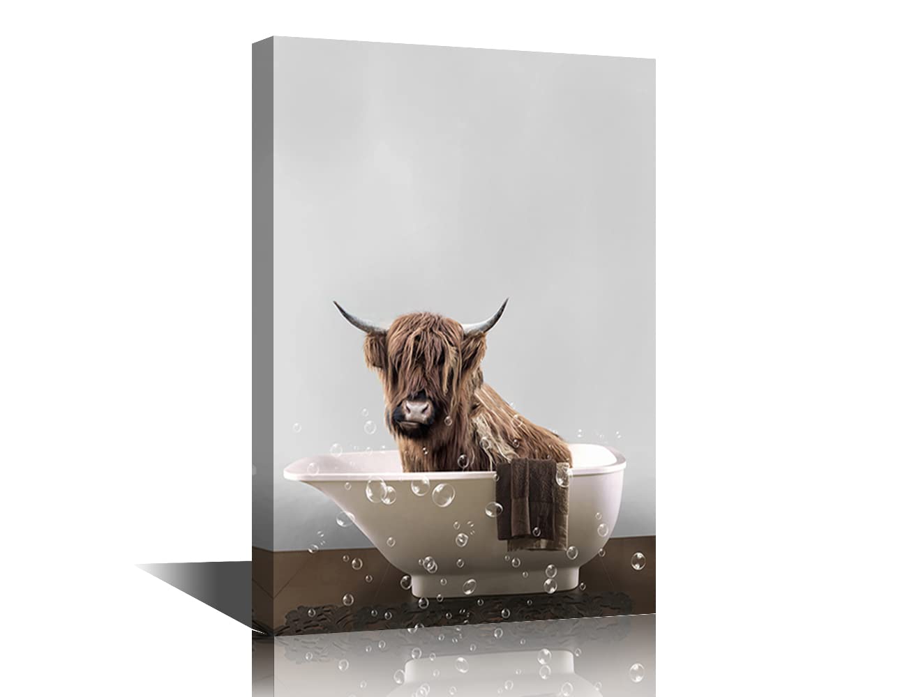 TISHIRON Funny Highland Cow Wall Art in Bathtub, Black and White Canvas Bathroom Picture, Humor Animals Artwork Prints Rustic Farmhouse Style Decor Ready to Hang (16''x24'')