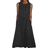 Womens Casual Sleeveless Maxi Denim Dress Crewneck Vintage Loose Long Vest Jean Dress with Pockets