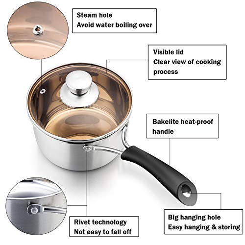 P&P CHEF 1 Quart Saucepan, Stainless Steel Saucepan with Lid, Small